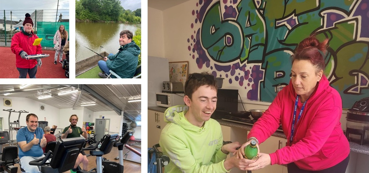 Three photographs showing young people fishing, cooking and walking in a wood